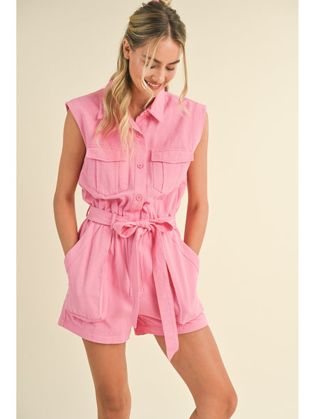 &Merci Verona Button Up Cargo Romper Cool Pink