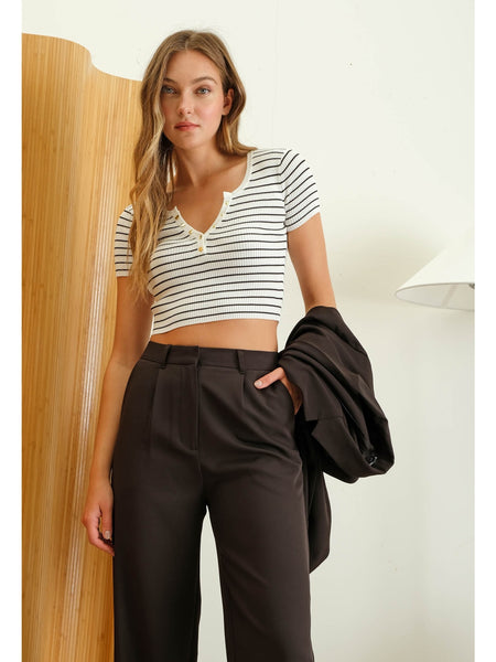 The Workshop Tiana Stripe Henley Crop Top Ivory