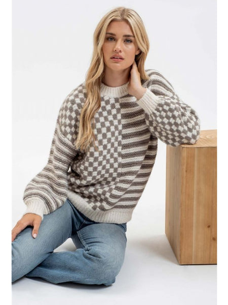 Blu Pepper Maggie Stripe Checkered Sweater Olive