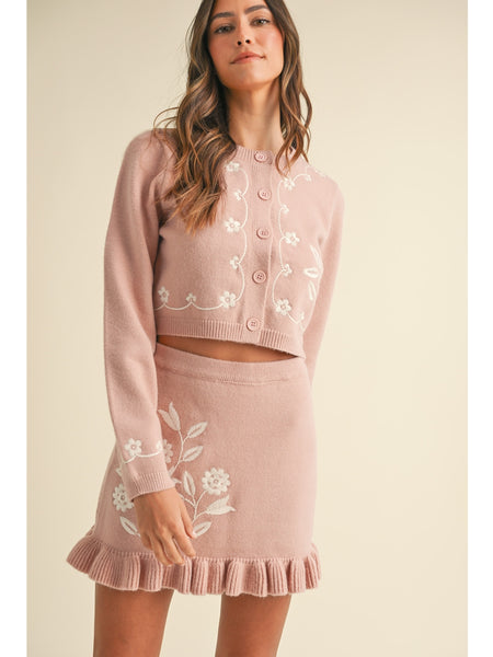 Mable Oslo Floral Embroidery Cardigan and Mini Skirt Set Rose