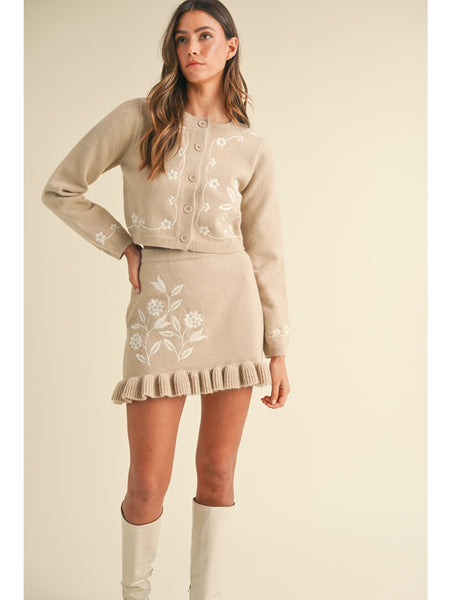 Mable Oslo Floral Embroidery Cardigan and Mini Skirt Set Light Taupe