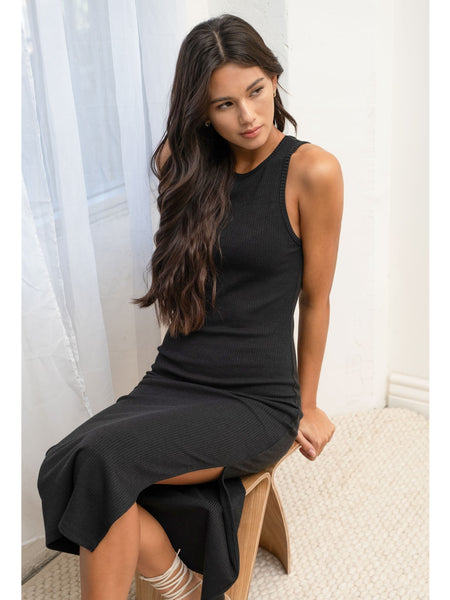 The Workshop Abby Side Slit Round Neck Tank Midi Dress In Black