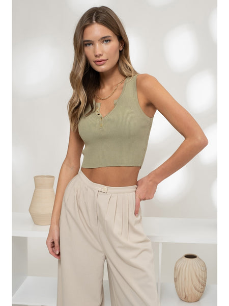 The Workshop Rowland Sleeveless Henley Knit Crop Top Light Olive