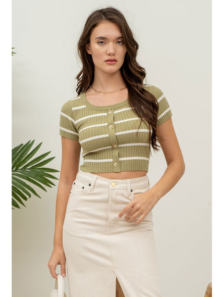 The Workshop Amina Stripe Button Down Top Light Olive