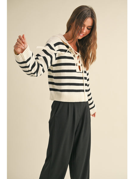 Miou Muse Blare Lace Up Sweater Top Black Stripe