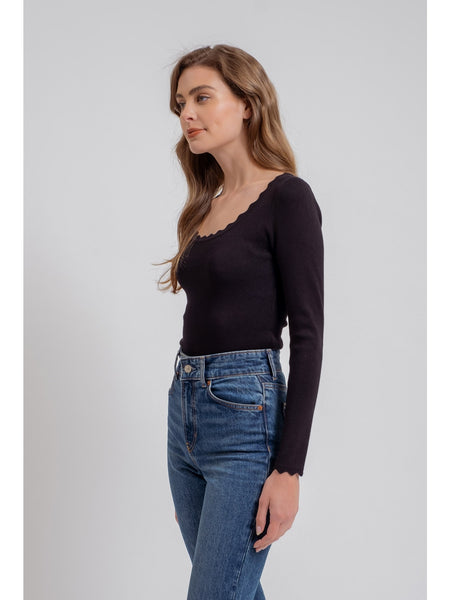 The Workshop Genev Scallop Trim Long Sleeve Knit Top Black