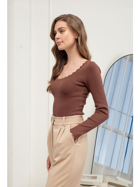 The Workshop Genev Scallop Trim Long Sleeve Knit Top Dark Brown