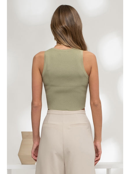 The Workshop Rowland Sleeveless Henley Knit Crop Top Light Olive