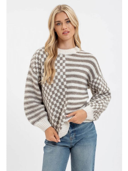 Blu Pepper Maggie Stripe Checkered Sweater Olive