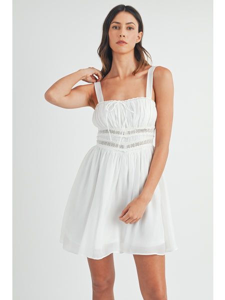 Mable Simon Lace Trimmed Gathered Bust Mini Dress Off White