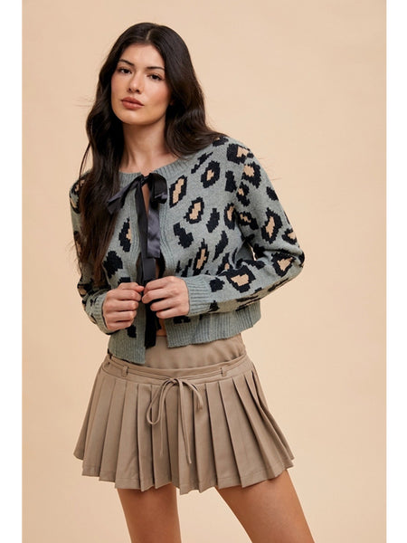 Anniewear Tie Front Leopard Sweater Cardigan Blue Grey