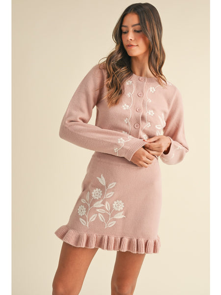 Mable Oslo Floral Embroidery Cardigan and Mini Skirt Set Rose