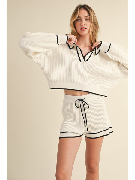 Mable Cornelia Collared Contrast Knit Crop Top and Shorts Set In Off White