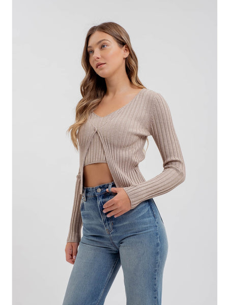 The Workshop Faith Twofer Ribbed Long Sleeve Sweater Taupe