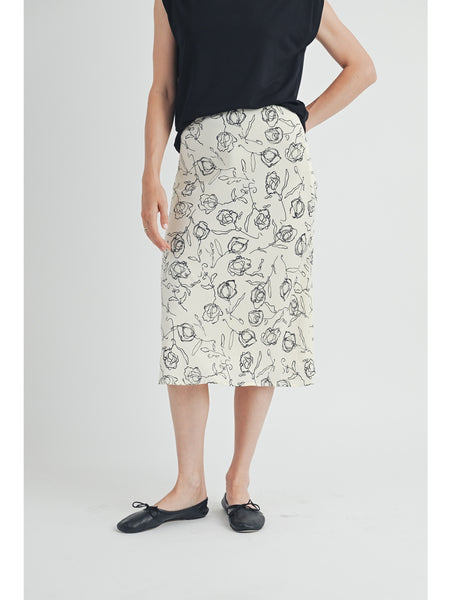 Fun2Fun Sketch Flower Print Bias Cut Midi Skirt Ivory