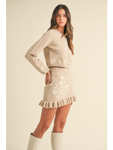 Mable Oslo Floral Embroidery Cardigan and Mini Skirt Set Light Taupe