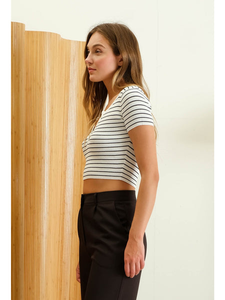 The Workshop Tiana Stripe Henley Crop Top Ivory