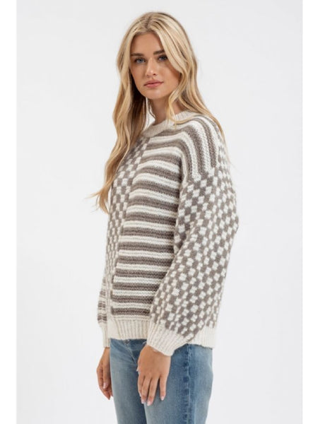 Blu Pepper Maggie Stripe Checkered Sweater Olive