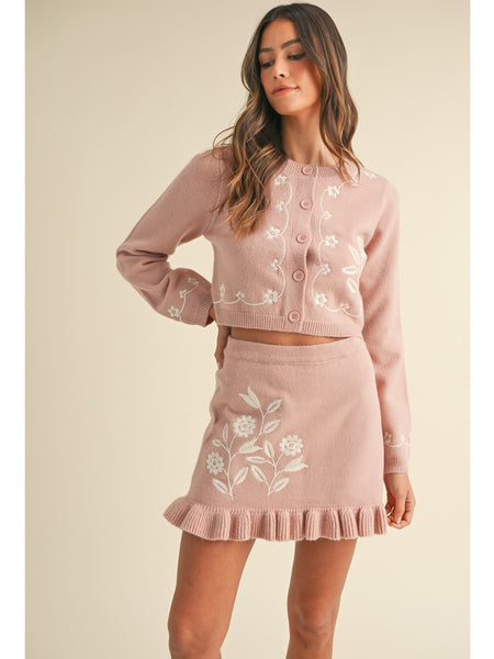 Mable Oslo Floral Embroidery Cardigan and Mini Skirt Set In Rose