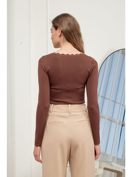 The Workshop Genev Scallop Trim Long Sleeve Knit Top Dark Brown