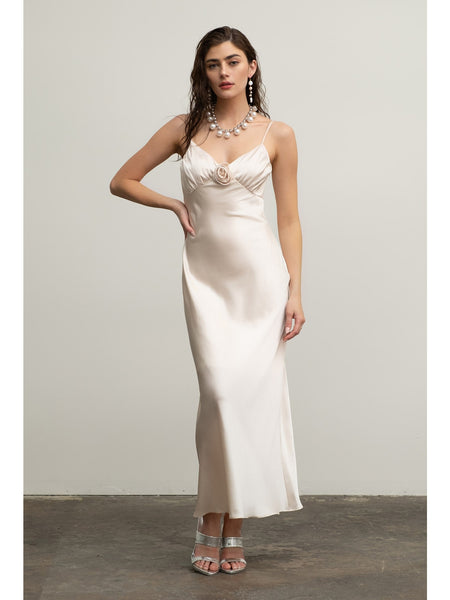 By The River Jordan Satin Rosette Maxi Dress In Champagne