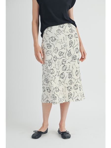 Fun2Fun Sketch Flower Print Bias Cut Midi Skirt Ivory