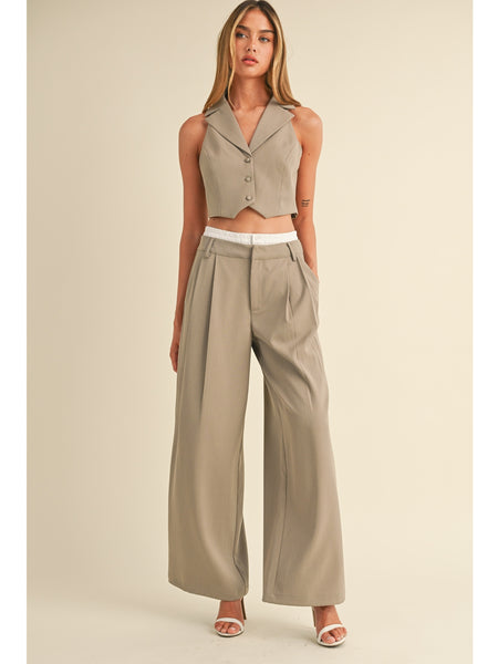 Mable Connie Vest and Contrast Waistband Wide Leg Trouser Set In Mocha