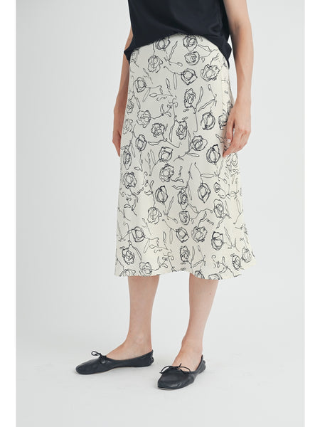 Fun2Fun Sketch Flower Print Bias Cut Midi Skirt Ivory