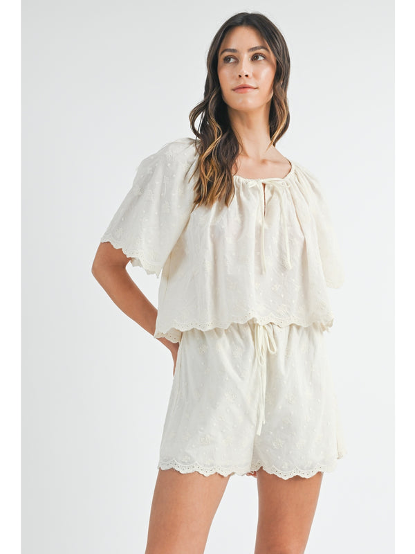 Mable Ellie Embroidered Top and Shorts Set In Cream