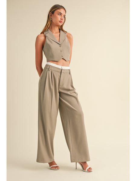 Mable Connie Vest and Contrast Waistband Wide Leg Trouser Set In Mocha