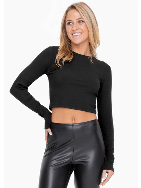 Mono B Jaxon Micro-Ribbed Long Sleeve Cropped Tee Black