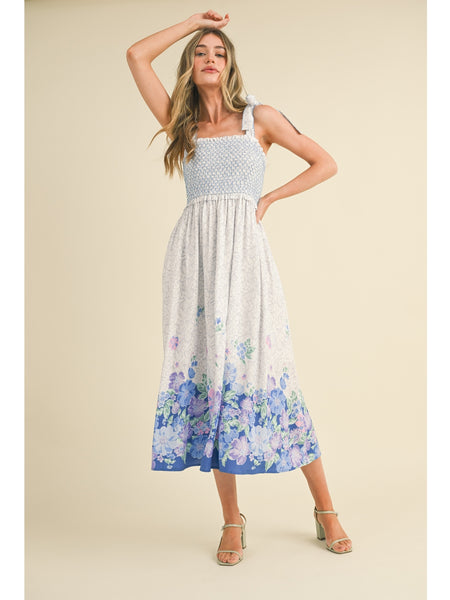 &Merci Victoria Smocking Midi Dress In Blue Floral