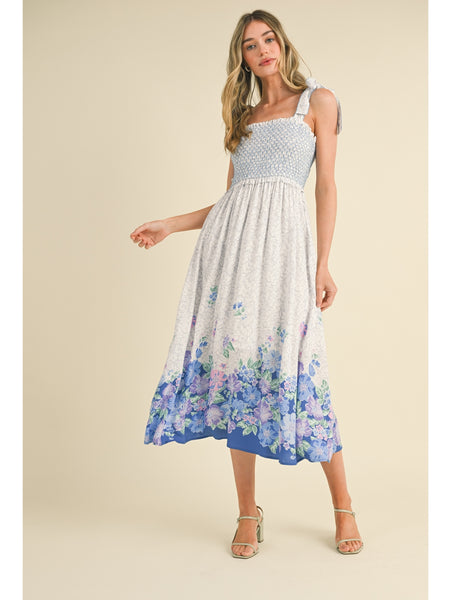 &Merci Victoria Smocking Midi Dress In Blue Floral