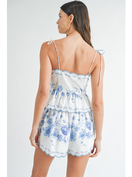 Mable Suni Scalloped Floral Peplum Top and Shorts Set Blue