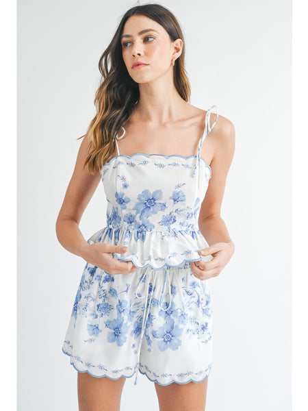 Mable Suni Scalloped Floral Peplum Top and Shorts Set Blue