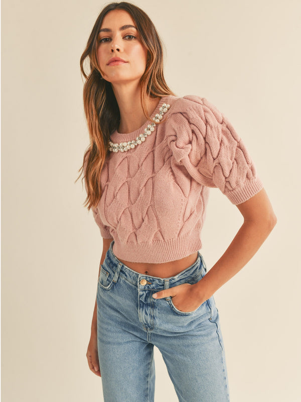 Mable Elias Pearl And Rhinestone Cable Knit Crop Sweater In Blush