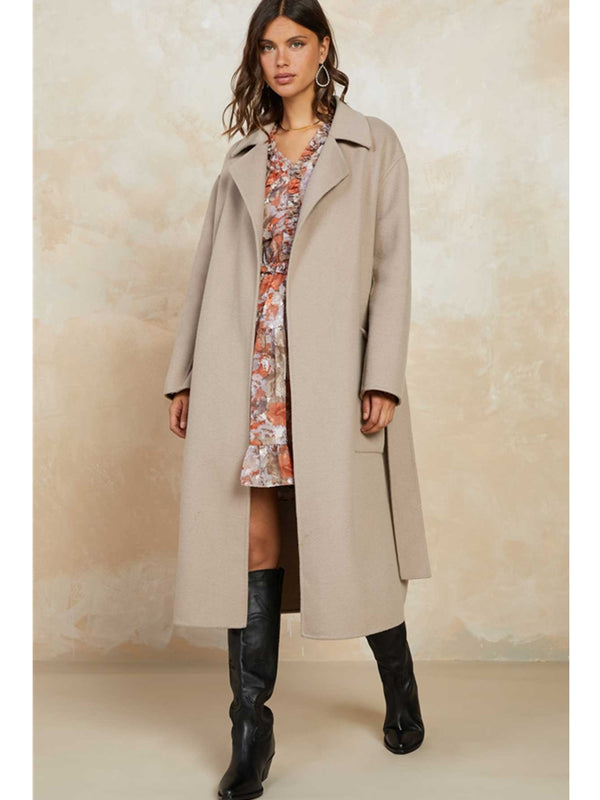 Current Air Carson Wool Belted Handmade Long Coat In Latte