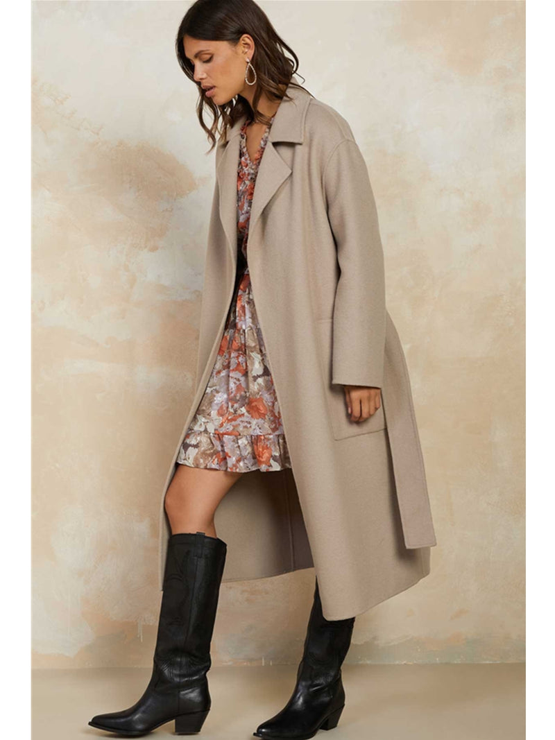 Current Air Carson Wool Belted Handmade Long Coat In Latte