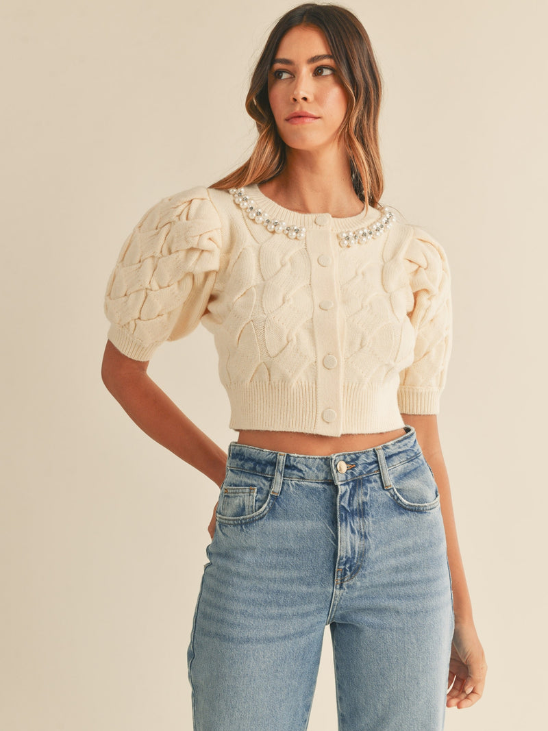 Mable Jaxon Pearl And Rhinestone Cable Knit Sweater Cardigan In Cream 