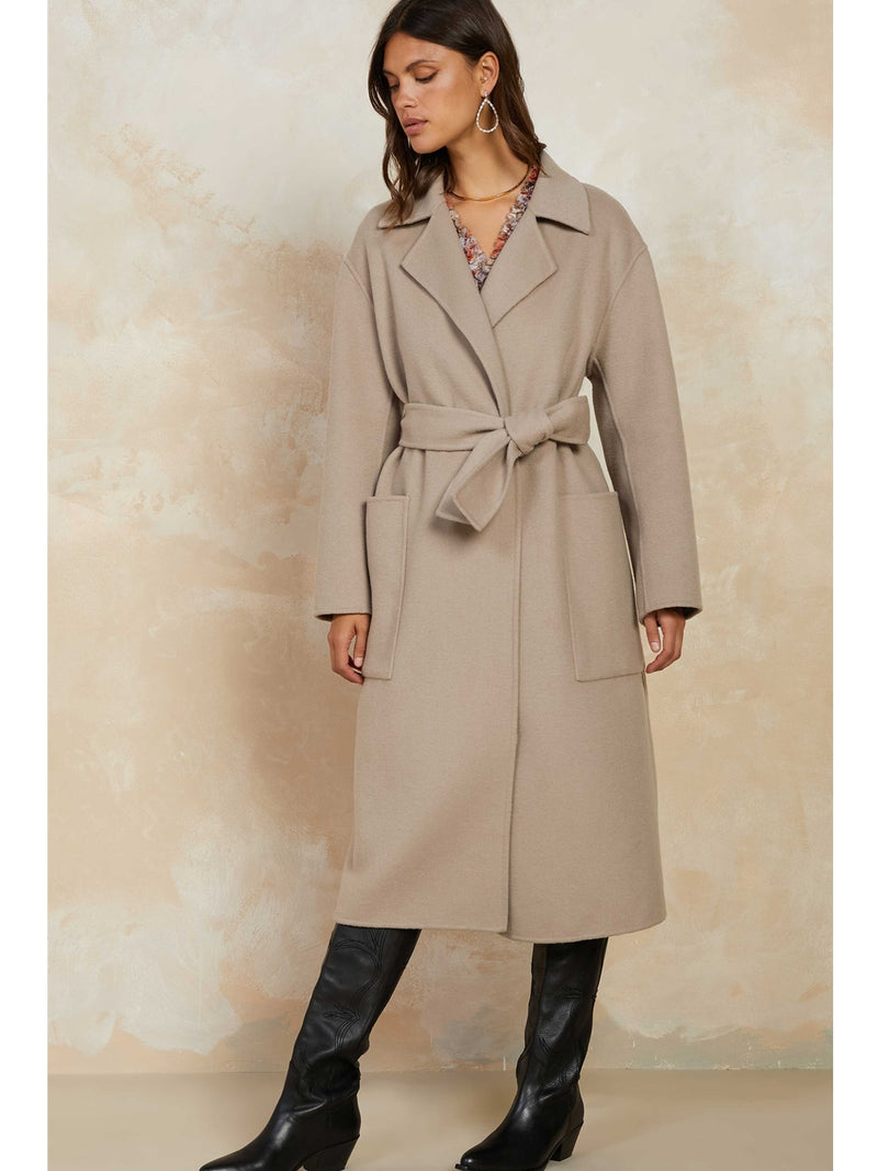 Current Air Carson Wool Belted Handmade Long Coat In Latte