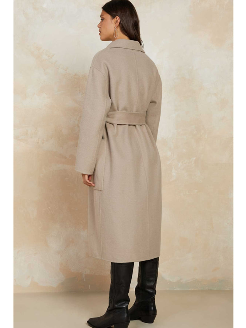 Current Air Carson Wool Belted Handmade Long Coat In Latte