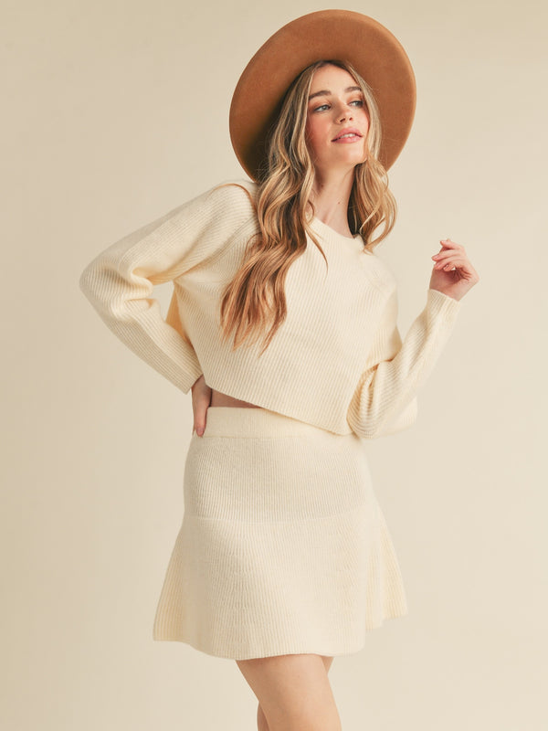 Mable Carter Long Sleeve Sweater Knit Top And Flare Skirt Set In Cream