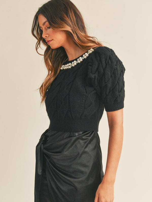 Mable Elias Pearl And Rhinestone Cable Knit Crop Sweater In Black