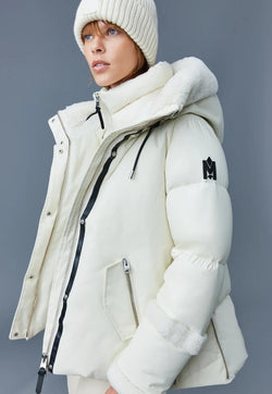 Mackage CYRAH Arctic Twill down jacket with shearling trim Cream