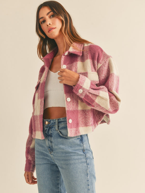 Mable Micah Brushed Fuzzy Plaid Crop Button Dwon Shacket In Purple