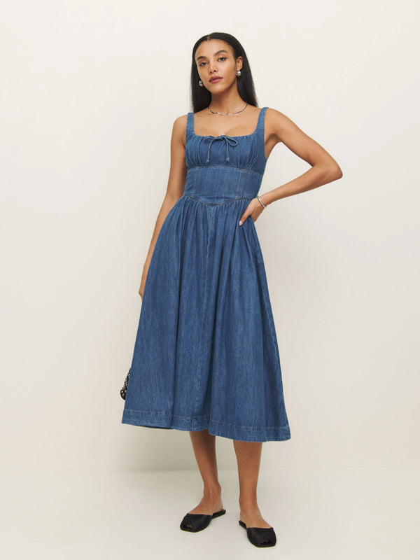 Reformation Balia Denim Midi Dress in Rhine