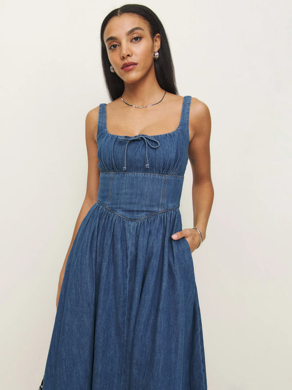 Reformation Balia Denim Midi Dress in Rhine