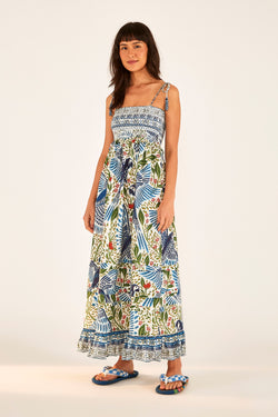 FARM Rio Off White Macaw Flight Smocked Maxi Dress FARM Rio Off White Macaw Flight Smocked Maxi Dress