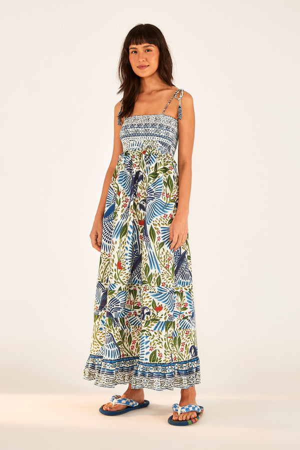 Farm Rio macaw flight smocked maxi dress off white