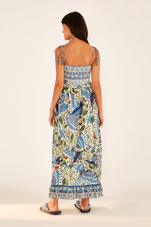Farm Rio macaw flight smocked maxi dress off white